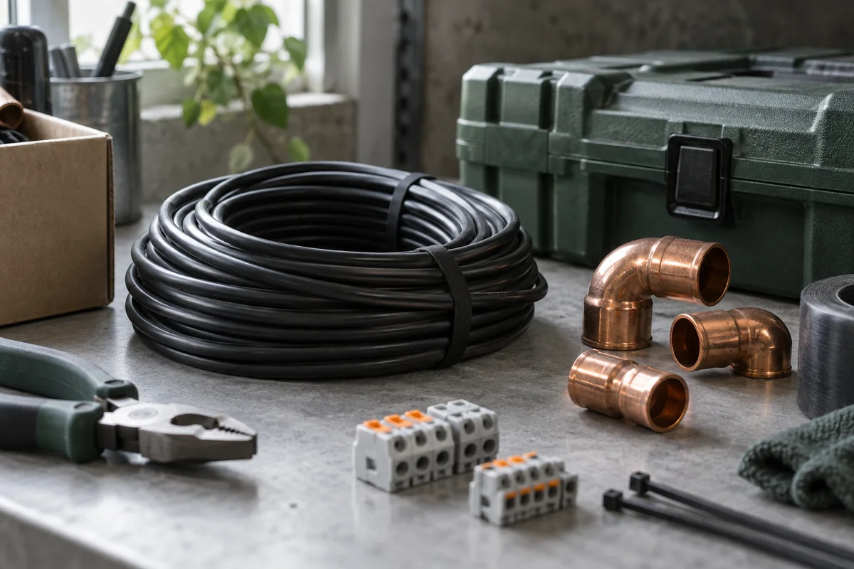 Kabel, kopplingar och verktyg för installationsarbetet